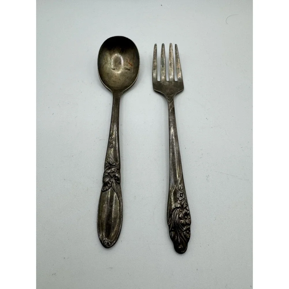 Community Silverplate White Orchid Baby Spoon & Fork Set Floral Vintage Nursery